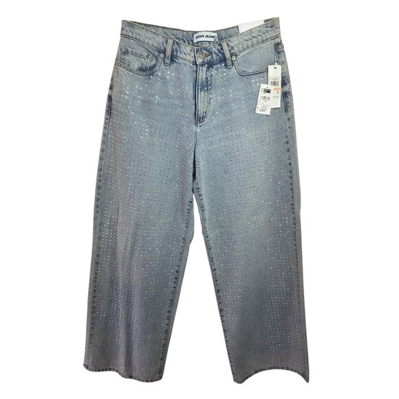 DKNY Jeans High Rise Wide Leg Silver Studded Denim Pants Sz 28 Light Wash NWT - Picture 5 of 11